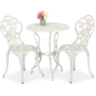 Relaxdays Gartenmöbel Set, & 2 Stühle, Vintage Balkonmöbel, Aluguss, Garten Sitzgruppe, weiß/bronze