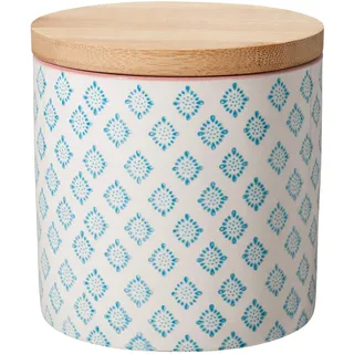 Bloomingville Dose Patrizia Aufbewahrung Behälter Topf Pott luftdicht Ø 10 x H 10 cm, blau, Keramik, Bambus, fasst ca. 400 ml