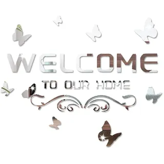 Fatiya Welcome to Our Home Wandaufkleber mit Schmetterling und Weinrebe, Acryl, abnehmbar, für Wohnzimmer, Tür, Veranda, Silber