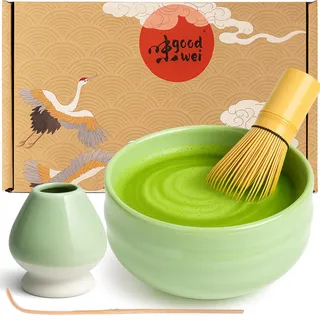Goodwei Matcha Set komplett mit Matchabesen, Matcha Löffel und Matcha Schale aus Keramik mit Besenhalter im passenden Design | Kunstvoll gefertigte Zeremonieschale Chawan (Minto, 80)