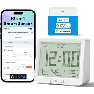 Meross 10-in-1 Matter Hygrometer Thermometer Innen, WLAN Thermometer con Taupunkt/VPD, Smart LCD Temperatursensor und Matter Hub, Kompatibel mit Apple HomeKit, Home Assistant, Alexa, Google Home
