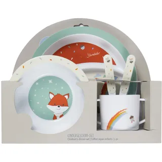 Sterntaler Geschirrset Fuchs Filou - rutschfester Teller mit Unterteilung, Henkeltasse, Breischale, Löffel & Gabel - lebensmittelecht & robust - Geschenkidee für Babys & Kleinkinder, steingrün