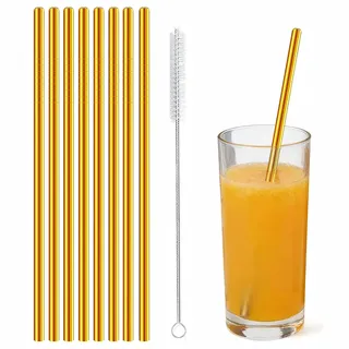 Edelstahl-Trinkhalme, Metall wiederverwendbar, für Saft Eiskaffee kalte Getränke Wasser Highballgläser Becher Tassen, 6 mm breit 215 mm lang, mit Bürste, Set mit 8 Stück Gold