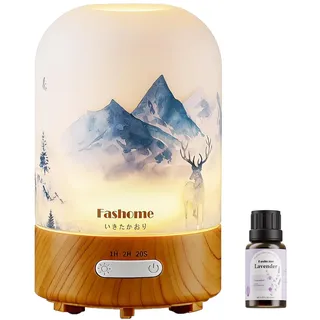 Fashome Aroma Diffuser 100ml Glas handgefertigt, Winter-Design Rentier, Inkl. 10ml Lavendel-Öl, Ultraschall Diffusor für ätherische Öle, Leise Luftbefeuchter Warmlicht & Abschaltautomatik, Geschenk