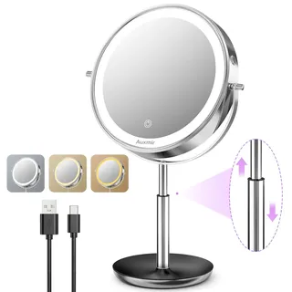 Auxmir1X/30X Wiederaufladbarer Vergrößerungsspiegel mit Licht, 38-47 cm Höhenverstellbarer 9 Zoll Kosmetikspiegel, 3 Lichtfarben&Helligkeit Dimmbar, 360° drehbarer Doppelseitiger Schminkspiegel