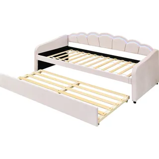 Schlafsofa mit LED-Beleuchtung, Gästebett und Lattenrost, 90x200 cm, Einzelbett, Polsterbett, Samt - Rosa