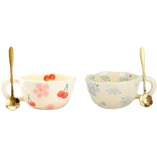 Keramik Teetasse, Geschenke für Frauen, Kawaii Kaffeetasse Handgemachte Kreative Blume becher mit Löffel, Ästhetische Tassen für Milch 250ml Cappuccinotassen Weihnachten Geschenk (Rosa & Blau)
