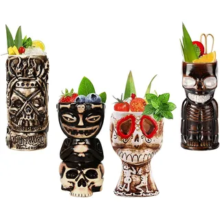 Tiki Becher -Tiki Mugs - Cocktail-Set, 4 Stück, Keramik, Cocktailbecher, Tiki-Tassen, hawaiianische Party, niedliche, exotische Cocktailgläser, hawaiianische Tiki-Tasse,Q8