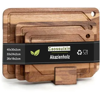 Caossuixin 3er Schneidebrett Holz Set(26 * 18, 33 * 24, 40 * 30), Massiver Akazie Holzbrett mit Saftrille, 2cm dicke Holzschneidebrett für Küchenplatten mit Brettständer