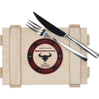 Justinus 8tlg BBQ Steakbesteck-Set für 4 Personen Messer Gabel inkl Holz-Kiste - Silber