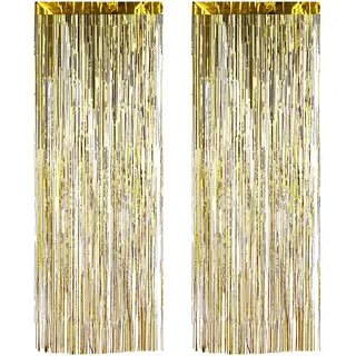 Relaxdays Partyvorhänge 2er Set, Partydeko für Geburstag & Hochzeit, Metallic, Fadenvorhang Glitzer, 100 x 250 cm, gold