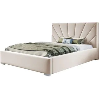 Polsterbett Denver mit Kopfteil, 200x200 cm, Doppelbett mit Bettkasten und Lattenrost aus Metal, Velourstoff, Farbe: Sand - Beige
