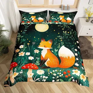 Homewish Rustikale Fuchs Bettwäsche 135x200 Kinder,Cartoon Waldtier Fuchs Aufdruck Bettbezug für Jungen Mädchen Jugendliche,Botanisches Pilz Blumen Mondmuster Bettwäscheset Wendbar Mit 1 Kissenbezug