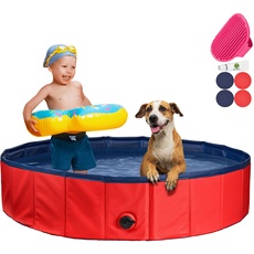 Stabiler Hundepool | Planschbecken für Hunde | Faltbarer Pool mit Ablassventil | rutschfeste Badewanne | Bällebad Kinder | Bälle Bad inkl. Badebürste & Reparaturset - Dog Pool 160x30 (Red)