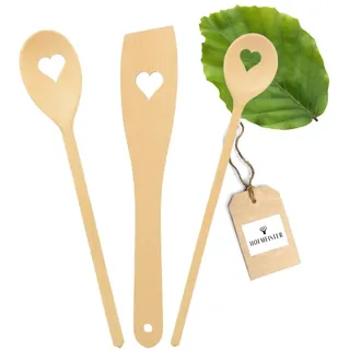 HOFMEISTER® 3-teiliges Koch-Set mit Herz - 30 cm, robust aus Buchenholz, handgefertigt in Europa, 2x Kochlöffel & 1x Pfannenwender, keine Kratzer im Topf, Geschenk mit Herz für Verliebte