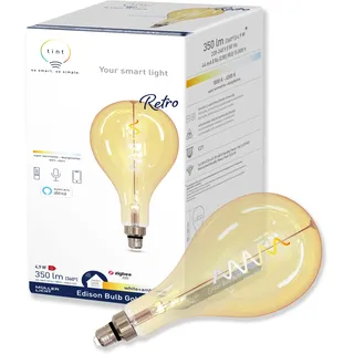 tint Smarte LED-Birne Retro Gold XXL E27 – Steuerbar per Alexa oder Fernbedienung – Dimmbare E27 Glühbirne mit weißem Licht (1800-6500 K), 4,9 W