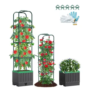 Rankhilfe Obelisk mit Blumenkasten auf Rollen, 174cm Selbstbewässerung Tomatentopf Hochbeet Pflanzkasten für Kletterpflanzen zum Klettern Garten Obelisk Tomatenturm für Patio Gewächshaus Gartenarbeit
