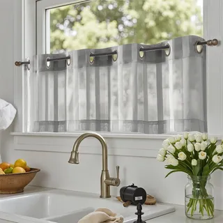 TOPICK Voile Scheibengardinen mit Ösen H 35 x B 130 (cm) 1er Set Transparent Bistrogardine Landhausstil Streifen Küchenvorhang Gestreift Küchengardinen modern für Wohnzimmer Klein Fenster Grau