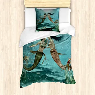 ABAKUHAUS Meerjungfrau Mantele, Sea Star und Algen, Milbensicher Allergiker geeignet mit Kissenbezügen, 135 cm x 200 cm - 80 x 80 cm, Mehrfarbig
