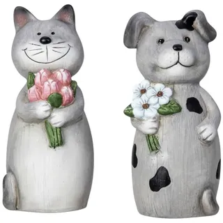 Macosa IK1395_x2 Pfostenhocker 2er Set Keramik Grau Zauntiere Hund Katze 23 cm Garten Deko Zaunfiguren für Pfosten und Geländer Gartendekoration modern Zaunhocker