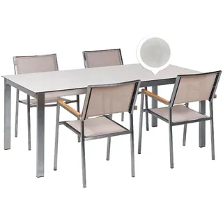 Beliani Gartenmöbel SET 4-Sitzer Keramik-Glas weiß Textil beige Cosoleto/Grosseto , Weiß, Beige, Silberfarben , Gartenmöbel, Gartengarnituren, Gartenmöbel-Sets