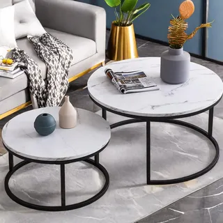 Fortuna Lai Couchtisch 2er Set Beistelltisch Rund 80 x 45 cm & 60 x 33 cm Wohnzimmertisch Sofatisch Marmor Muster Holztisch Metallrahme Schwarz - Weiß, Schwarz