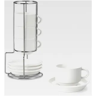 Espressotassen Set, 75 ml Dickwandige Tassen mit Untertassen & Ständer, Stapelbare Italienische Espressobecher aus Weißem Porzellan, Spülmaschinengeeignet