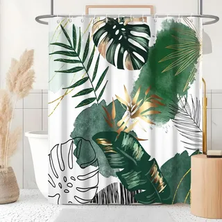 Uiiooazy Duschvorhang Grün, Duschvorhang 180x220cm Dschungel Tropisch Palmenblätter Abstrakt Monstera Duschvorhänge Anti Schimmel Stoff Waschbar Wasserdicht Bad Vorhang mit 12 Haken für Badezimmer