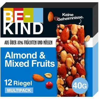 Be-Kind Riegel, glutenfreie Snack-Riegel, Almond & Mixed Fruits, hoher Ballaststoffgehalt, ohne künstliche Farb-, Aroma- oder Konservierungsstoffe, 12 x 40g