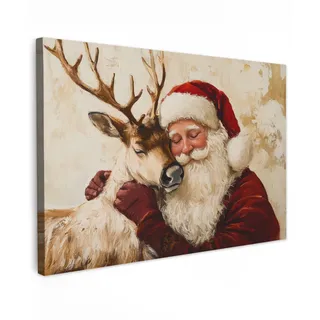 MuchoWow Leinwandbild Weihnachtsmann - Rentier - Weihnachten Wanddeko 90x60 cm , Rotbraun , Textil , Kiefer , Rechteckig , 90x60 cm , FSC 100% , gerahmt , Bilder & Rahmen, Bilder, Leinwandbilder