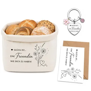 Geschenkkorb für Freundin Brotkorb Set für Geburtstagsgeschenk | Glück ist eine Freundin wie dich zu Haben Brotkorb Stoff Set, Edelstahl Schlüsselanhänger Grußkarte, Beste Freundin Geschenke