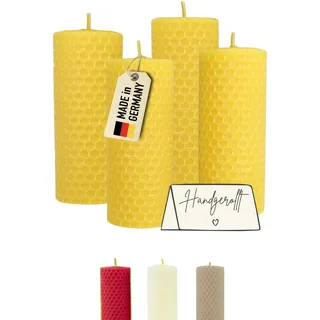 Wachsmann Stumpenkerzen gelb – 100% Bienenwachs - Weihnachten & Geschenk - handgerollt, Made in Germany – 4er-Set Bienenwachskerzen (4×10 cm, 6 Stunden Brenndauer)