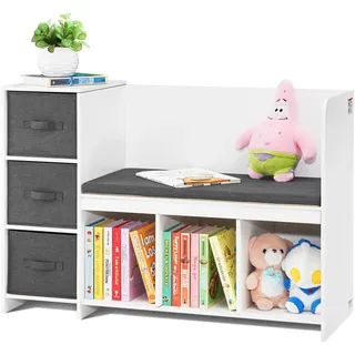 VEVOR Lesebank für Kinder, Bücherregal und Bücherschrank für Kleinkinder mit abnehmbarem Sitzkissen, Aufbewahrungsbank mit 6 Fächern und 3 Schubladen, ideal für Spielzimmer Schlafzimmer Wohnzimmer