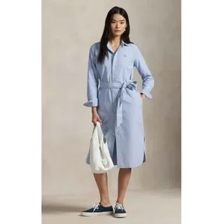 Polo Ralph Lauren für Damen. 211928804002 Hemdkleid aus Baumwolle mit blauem Gürtel (42), Lässig, Langarm