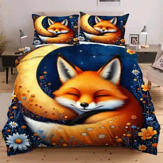 Nuphtun Bettwäsche 140 x 200 cm Mikrofaser 3teilig Tier Fuchs, 100% Microfaser Kinderbettwäsche 140 x 200 cm, 3D Effekt Bettbezug + 2 Kopfkissenbezügen mit Reißverschluss D178