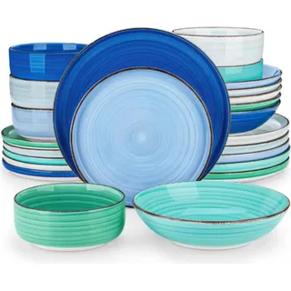 Zafiro Servieset 24-teilig – Keramik – Essteller, Tiefe & Frühstücksteller – 8 Personen – Rainbow Design - Blau