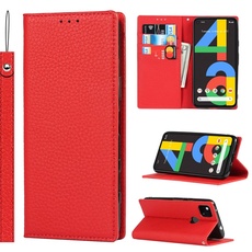 Copmob Schutzhülle für Google Pixel 4A, Echtleder, Flip Wallet aus Leder, [3 Schlitze] [Magnetverschluss][RFID-Blocker], Klappschutzhülle für Google Pixel 4A, Rot