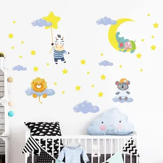 Wandsticker Kinder - Deko Babyzimmer - Wandsticker Kinder - Wandsticker skandinavisch - Wandsticker Tiere in Wolken und Sternen - H120 x L 180 cm