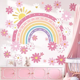 decalmile Wandsticker Regenbogen Blumen Boho Wandtattoo Gänseblümchen Rosa Sonne Wandaufkleber Mädchen Kinderzimmer Klassenzimmer Lesen Ecke Wanddeko