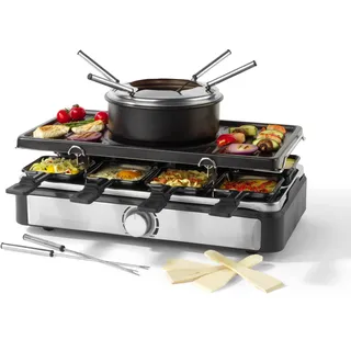 Petra 2-in-1 Raclette & Fondue, Großer Teppanyaki Grill für 8 Personen, Rauchfreier Elektrischer Grill, 1,3l Fondue-Topf mit Tauchgabeln, Inklusive Holzspatel und Schiebern, für gesellige Abende