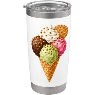 Buntes Low Poly Eis – Geometrische Eiskugeln im Hörnchen Doppelwandiger Edelstahl-Thermobecher