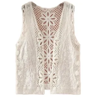 Weste Damen,Strickweste Damen Ärmellos,Damen-Häkelweste Mit Blumenmuster, Retro-Beige, Hohle Raute, Kapok-Blumenspitze, Ärmellos, Vorne Offen, Kurze Weste, Schal, Strickjacke, Strick-Boho-Hippie-
