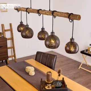 HOFSTEIN Pendelleuchte Imana Esstisch Hängelampe Holz schwarz 5-flammig E27 | Vintage Hängeleuchte aus Metall/Holz, höhenverstellbar bis 120 cm, als Esszimmerlampe, Küchenlampe oder hängende Deckenlampe