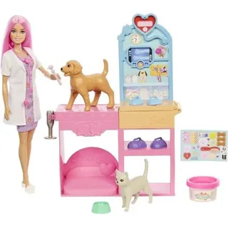 Barbie Tierarztklinik Spielset, Puppe mit rosa Haaren, 2 Tiere, Tierarzt Zubehör, JFX93 - Bunt