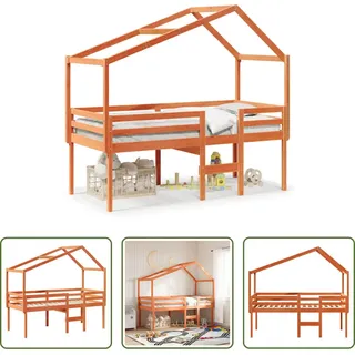 The Living Store Hochbett mit Dach Wachsbraun 80x200 cm Massivholz Kiefer - Braun