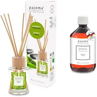 pajoma® Raumduft Bambus 100 ml + Nachfüller 500 ml | Komplett-Set mit Rattanstäbchen | Langanhaltender Diffuser, Premium Qualität