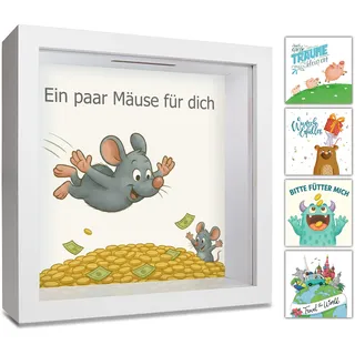 GLÜCKSWOLKE Spardose - Mäuse Motiv I Geldgeschenke Verpackung für Auto, Haus, Geburtstag I 3D Bilderrahmen I Sparbüchse als Kaffeekasse Trinkgeldkasse I Sparschwein für Geld-Geschenk Junge & Mädchen