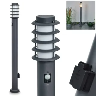 HOFSTEIN Wegeleuchte Tunes, Außenwegeleuchte mit Bewegungsmelder und Steckdose aus Metall/Kunststoff in Anthrazit/Weiß, moderne Außenleuchte für Garten, Außenbereich, Hof, Terrasse, 110 cm, E27, IP44
