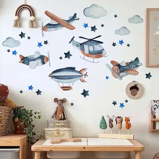 FUFUQUARE Wandtattoo Kinder Flieger Blau Wandaufkleber Cartoon Flugzeuge Sterne Wolken Selbstklebend Wandsticker Kinderzimmer Babyzimmer Schlafzimmer Wanddeko