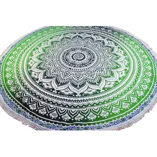 GURU SHOP Rundes Indisches Mandala Tuch, Boho Tagesdecke, Picknickdecke, Stranddecke, Runde Tischdecke - Grün, Baumwolle, 180x180x0 cm
